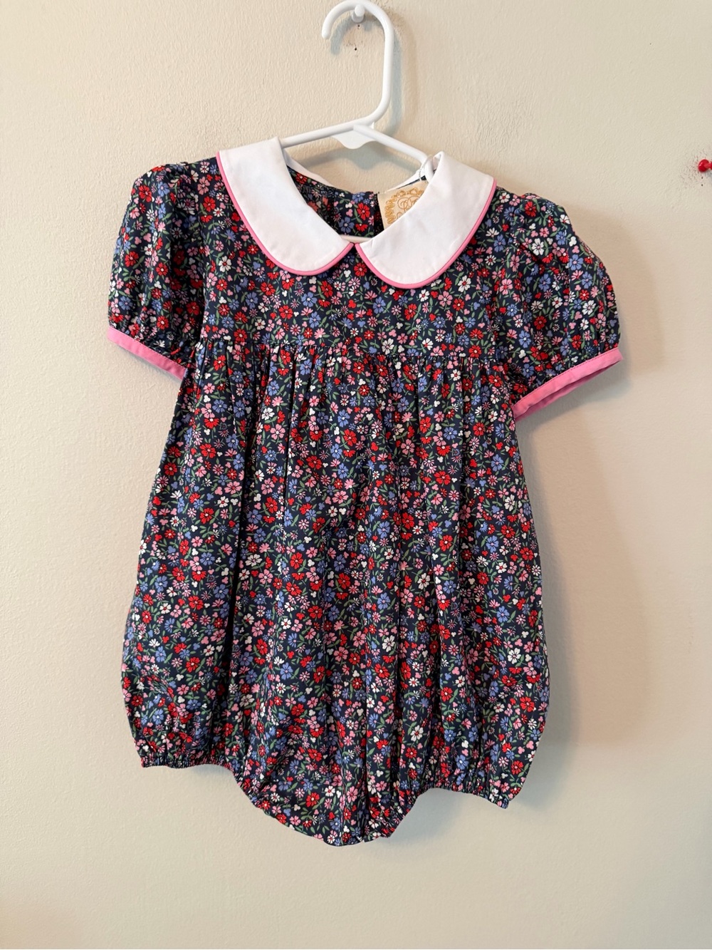 The Beaufort Bonnet Company Navy Floral Peter Pan Collar Bubble with Pink Trim